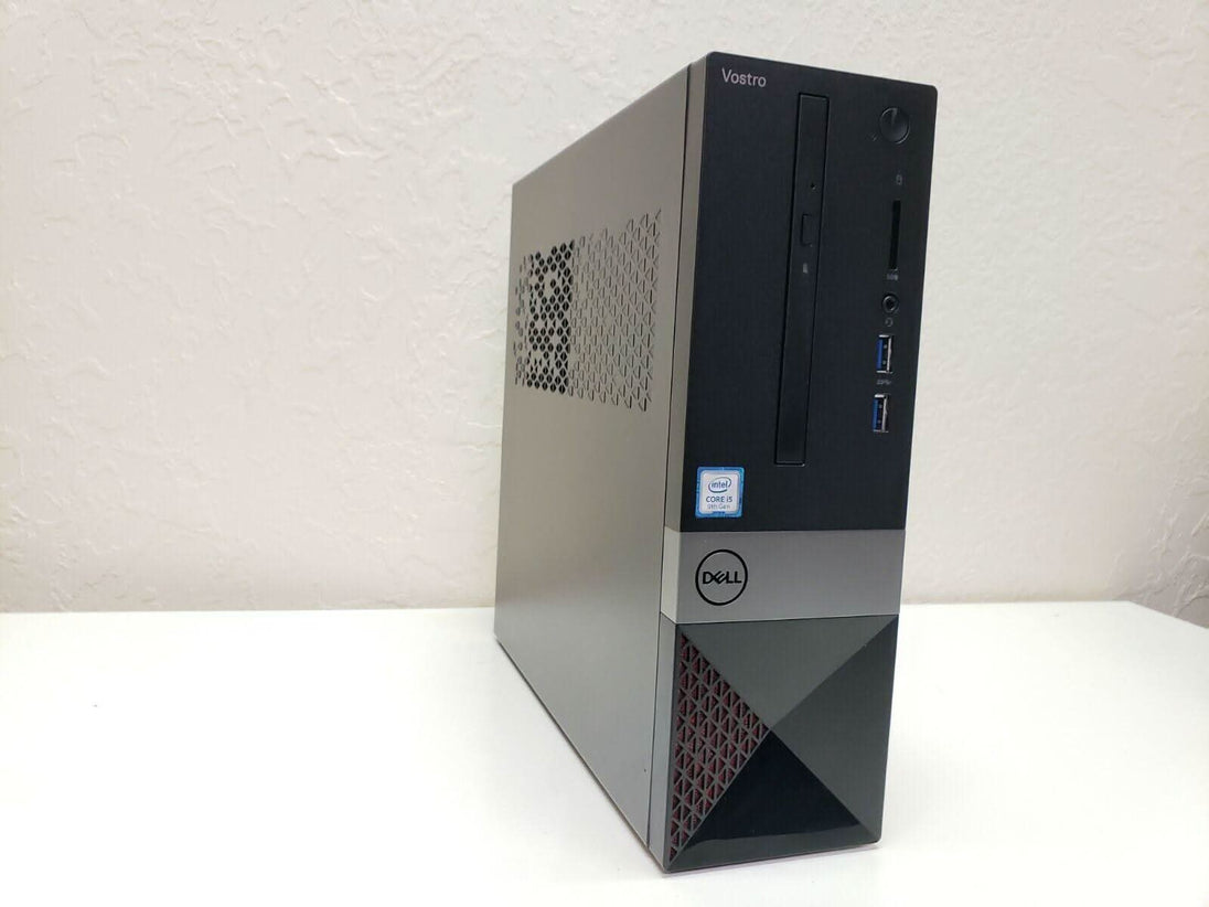 Dell Vostro desktop mini tower with Intel Core i5, USB ports, and optical drive on white desk