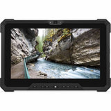 Rugged tablet displaying a scenic canyon river with rocky cliffs and forest pathway