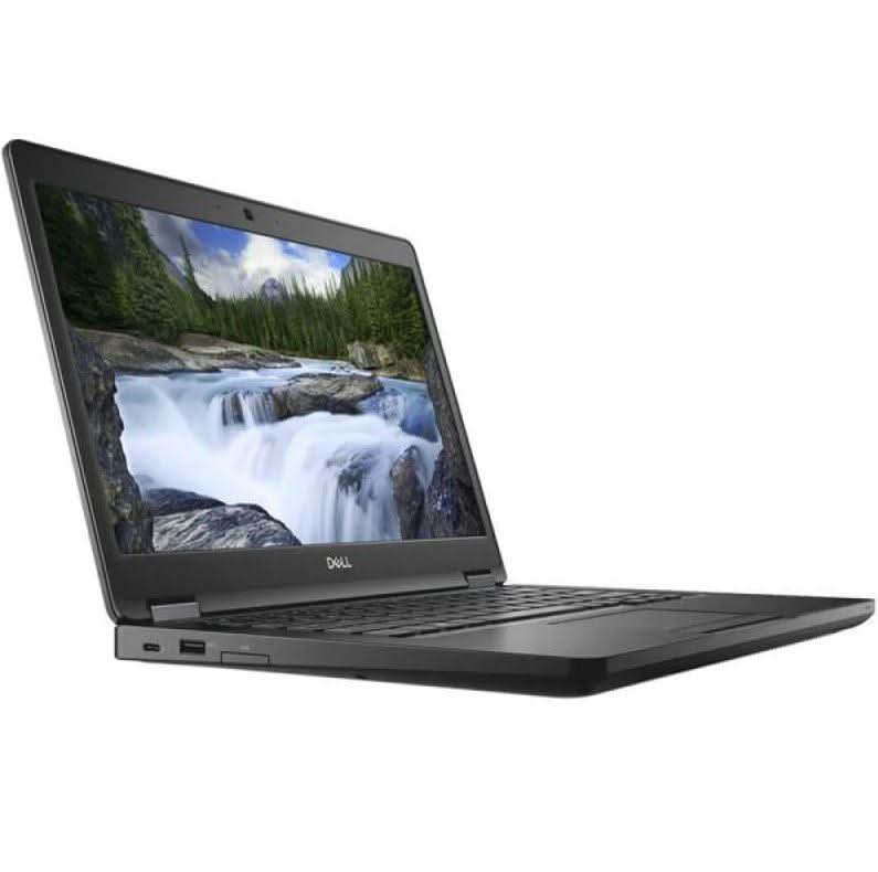 Refurbished Dell laptop with open screen displaying a mountain and river landscape
