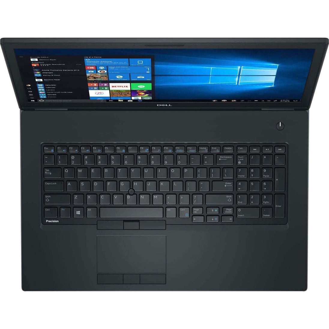 Top view of a Dell laptop with Windows 10, full keyboard and numeric keypad