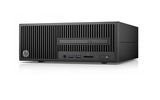 Black HP desktop computer with front USB ports and optical drive on white background