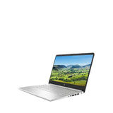 Silver HP laptop with open screen displaying scenic landscape on white background