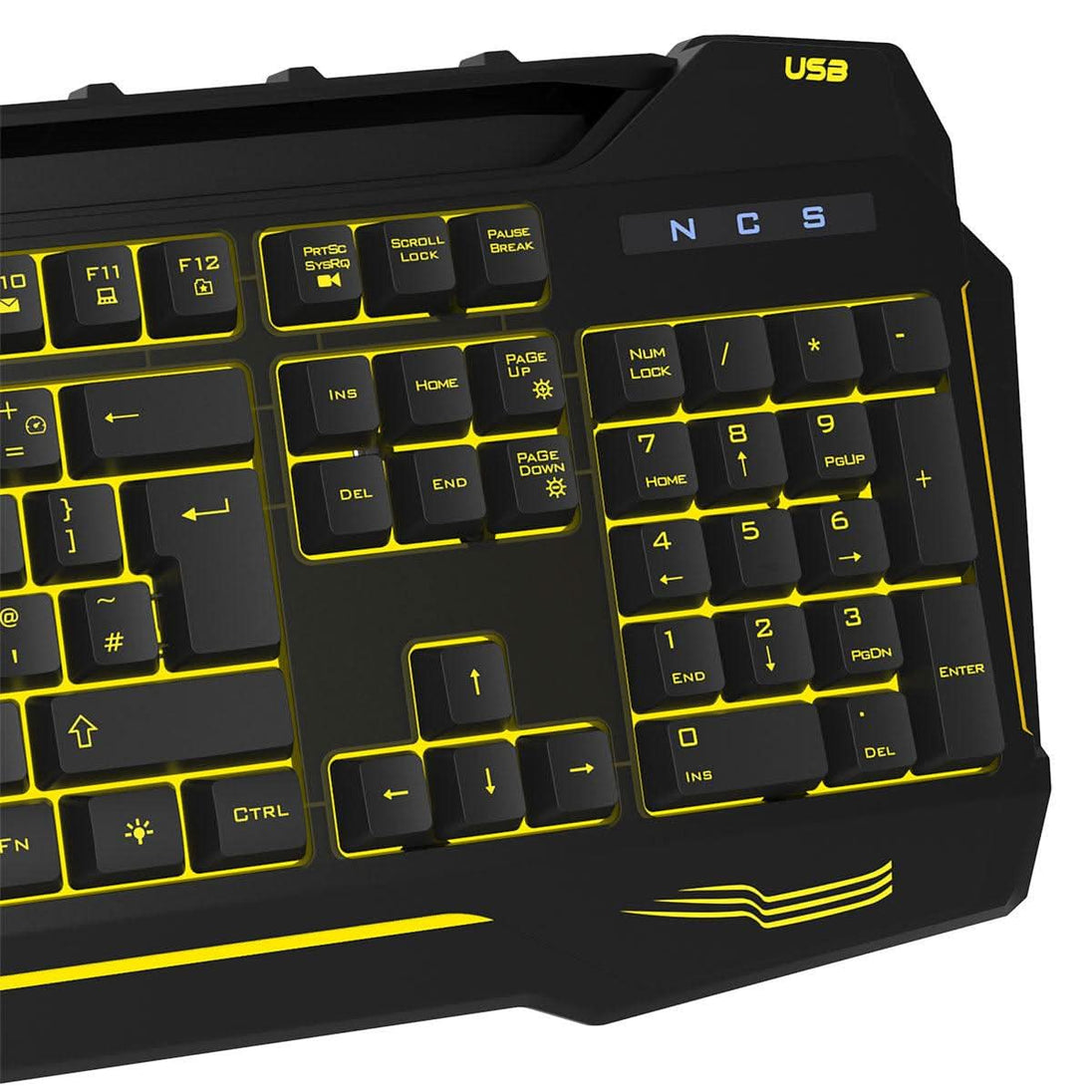 Black computer keyboard with yellow LED backlighting and USB label, showing numeric keypad.