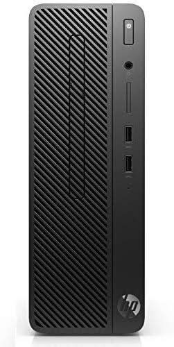 Front view of HP small form factor black desktop PC with USB ports and card reader