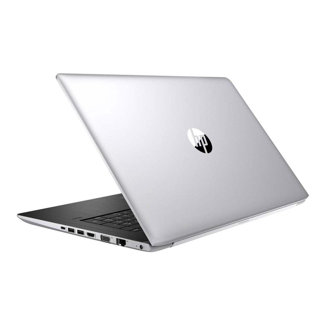 Silver HP laptop partially open on white background, showing side ports and sleek design