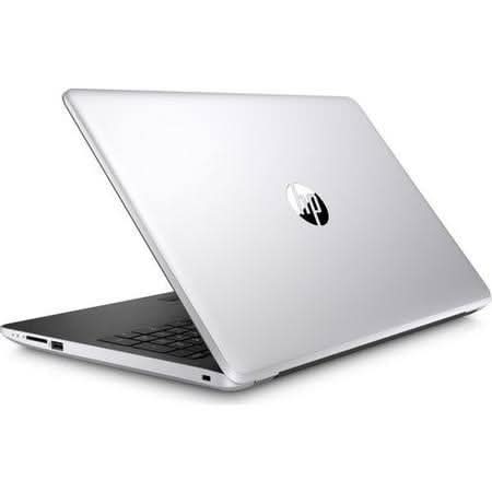 Silver HP laptop partially open, showing side ports and sleek design on white background