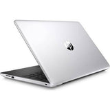Silver HP laptop partially open, showing side ports and sleek design on white background