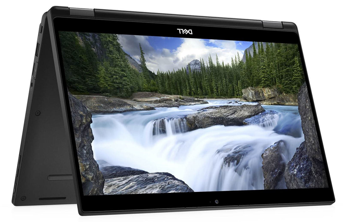 Dell 2-in-1 convertible laptop in tent mode displaying a forest and waterfall on screen