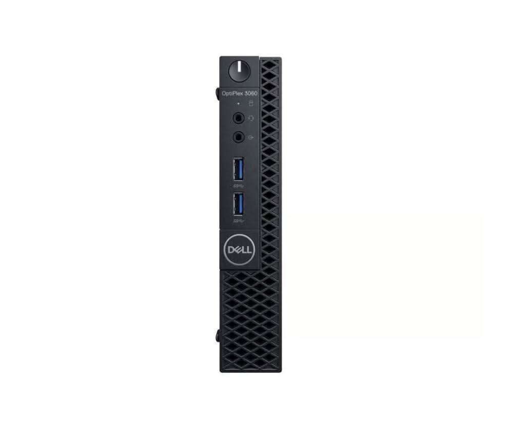 Dell OptiPlex 3060 micro desktop front view with USB and audio ports visible