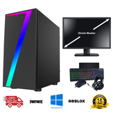 Desktop PC with RGB lighting, 22-inch monitor, RGB keyboard, mouse, headset, Windows 10