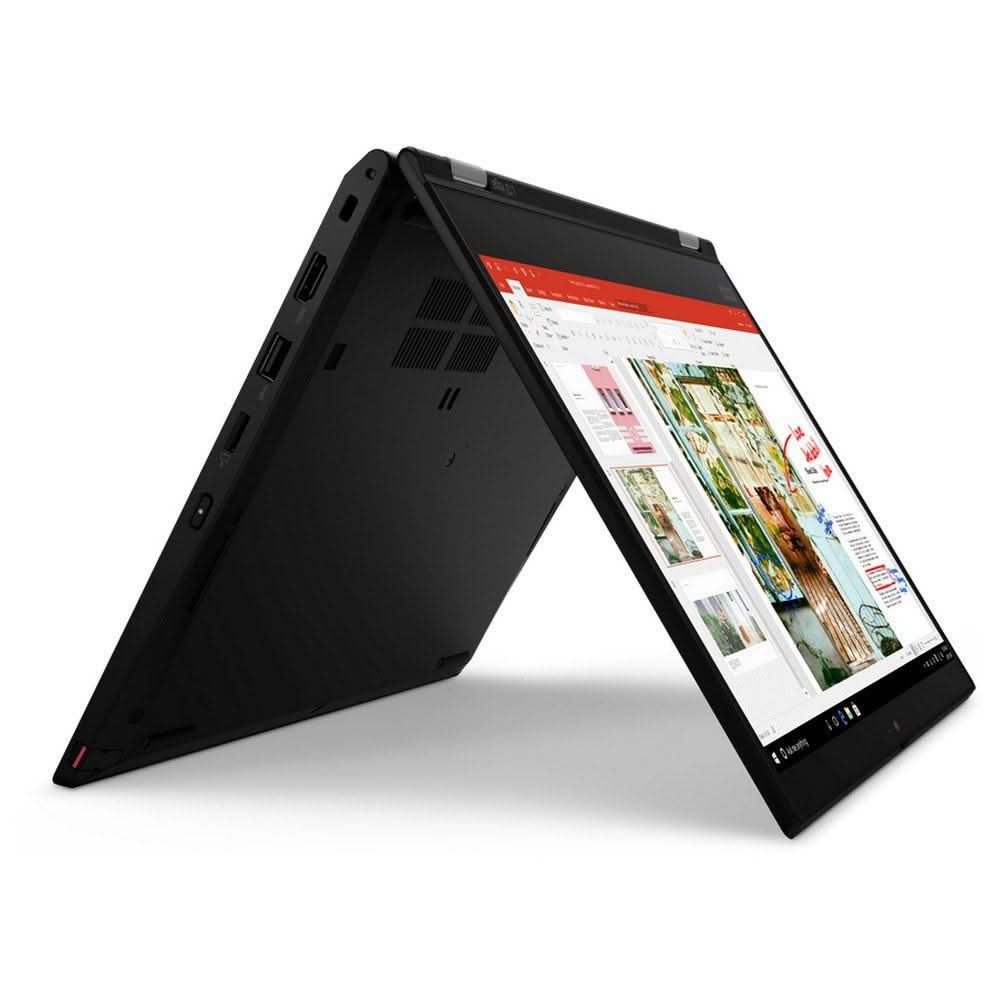Convertible black laptop in tent mode displaying a colorful spreadsheet on screen