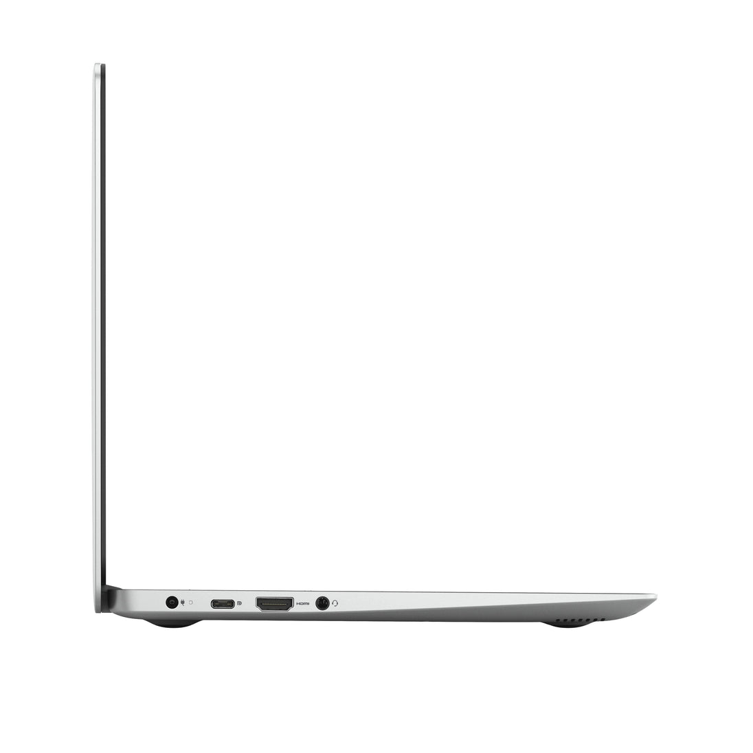 Slim silver laptop side view showing USB, HDMI, and audio ports on a white background