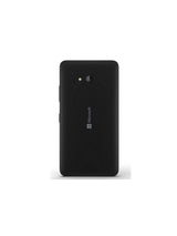 Back view of a black Microsoft smartphone with single rear camera and LED flash
