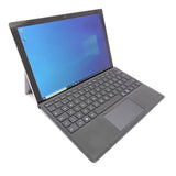 Refurbished black laptop with detachable keyboard and Windows 10 screen on white background