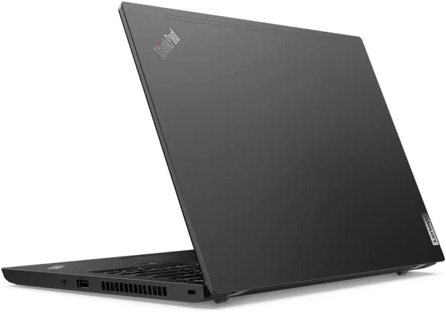 Refurbished Lenovo ThinkPad laptop partially open, viewed from the back left angle