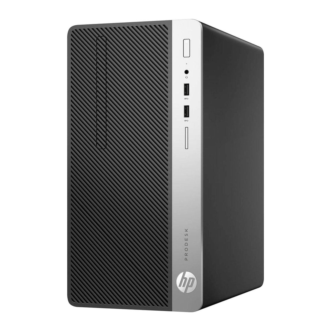 HP ProDesk black and silver desktop tower with front USB ports and headphone jack