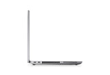 Side view of a slim silver laptop with open lid, showing USB ports and ventilation slots