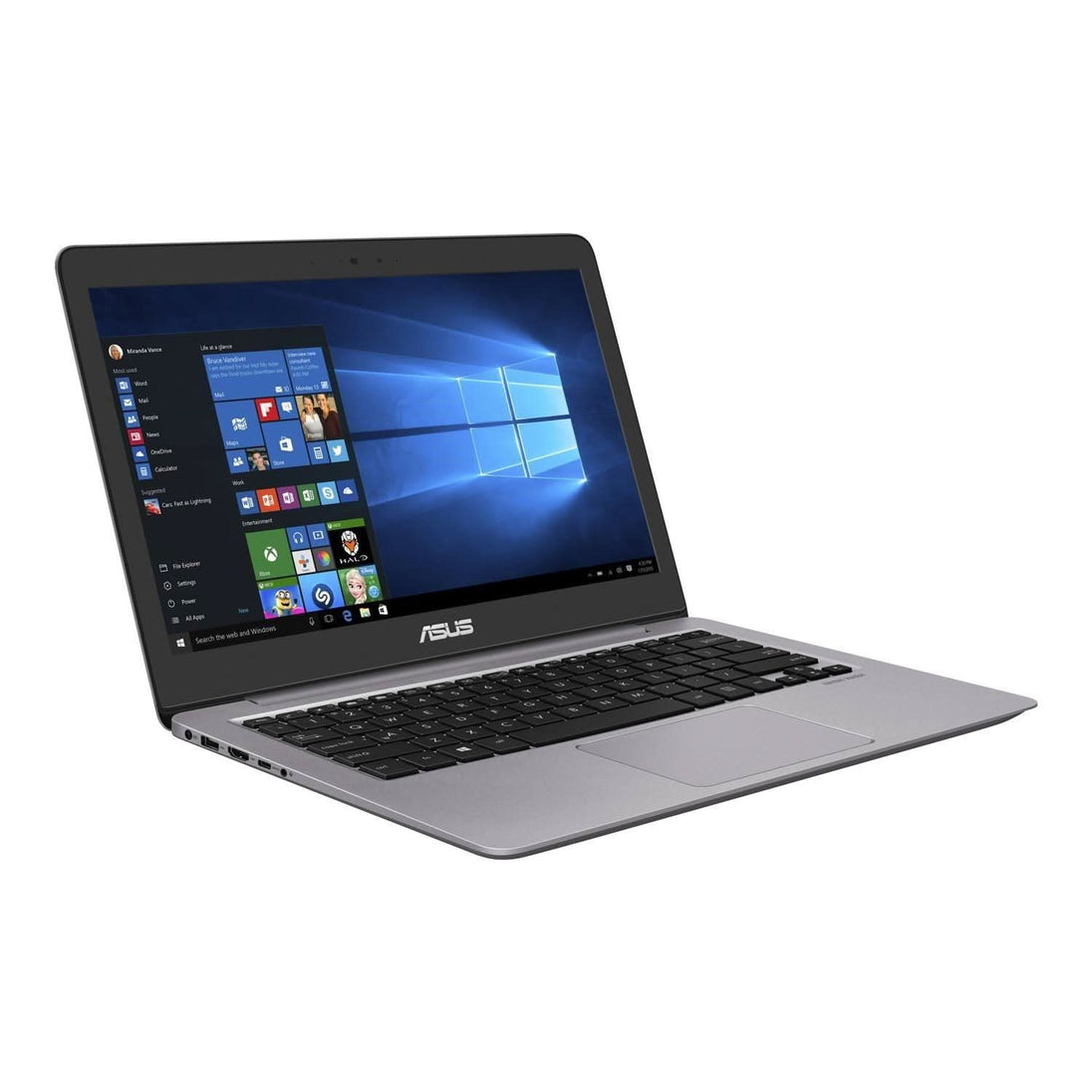 Silver ASUS laptop with Windows 10 operating system, open and viewed from left angle.