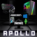 RGB gaming PC setup with monitor, keyboard, mouse, headset, and popular game logos