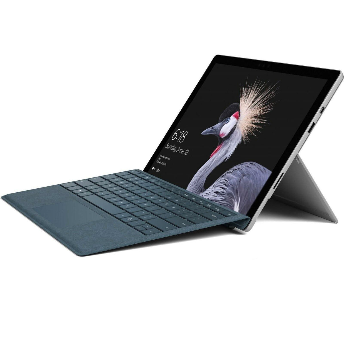 Refurbished 2-in-1 tablet laptop with detachable keyboard and bird wallpaper on screen