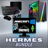 Gaming PC bundle with RGB desktop, monitor, headset, keyboard, and popular game icons.