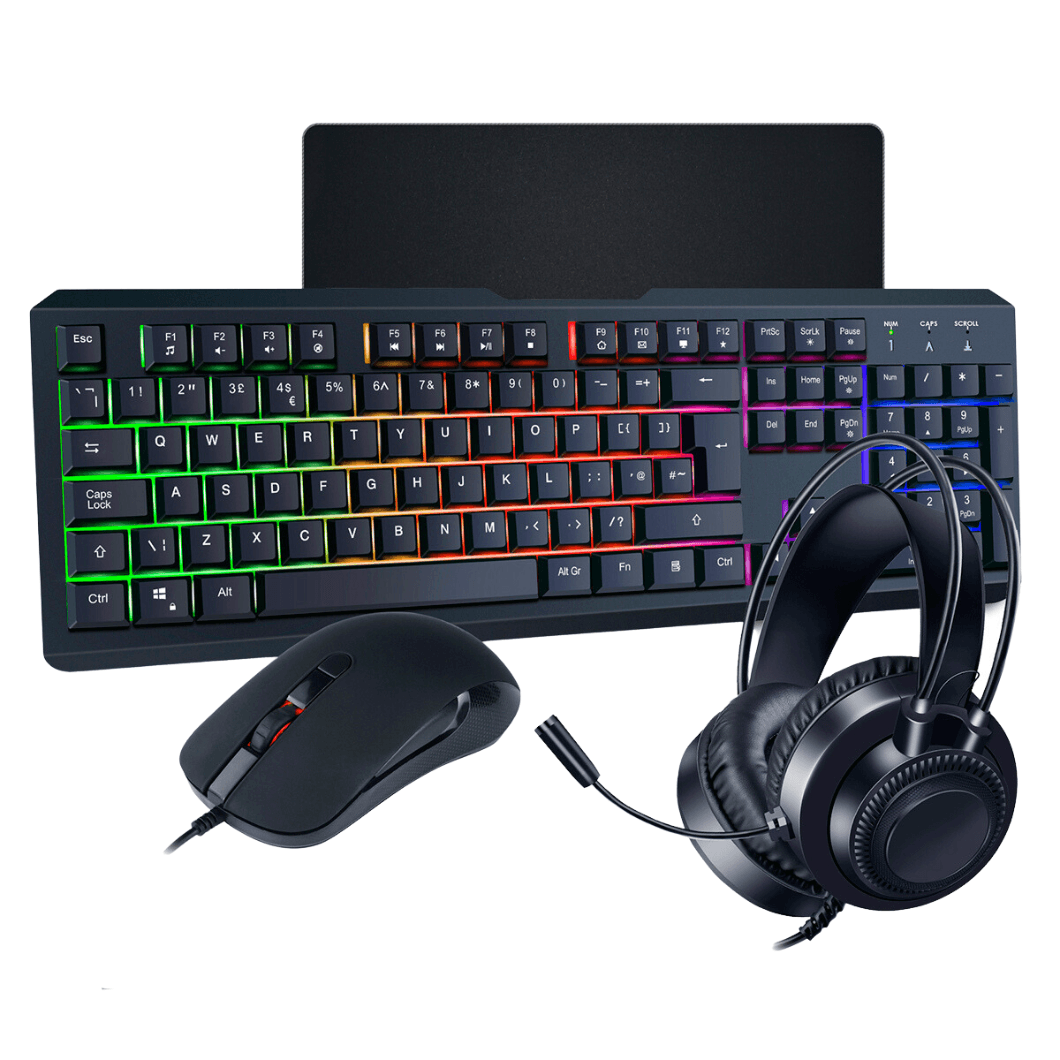Gaming keyboard with RGB backlight, wired mouse, and headset with microphone on white background