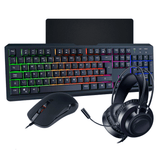 Gaming keyboard with RGB backlight, wired mouse, and headset with microphone on white background