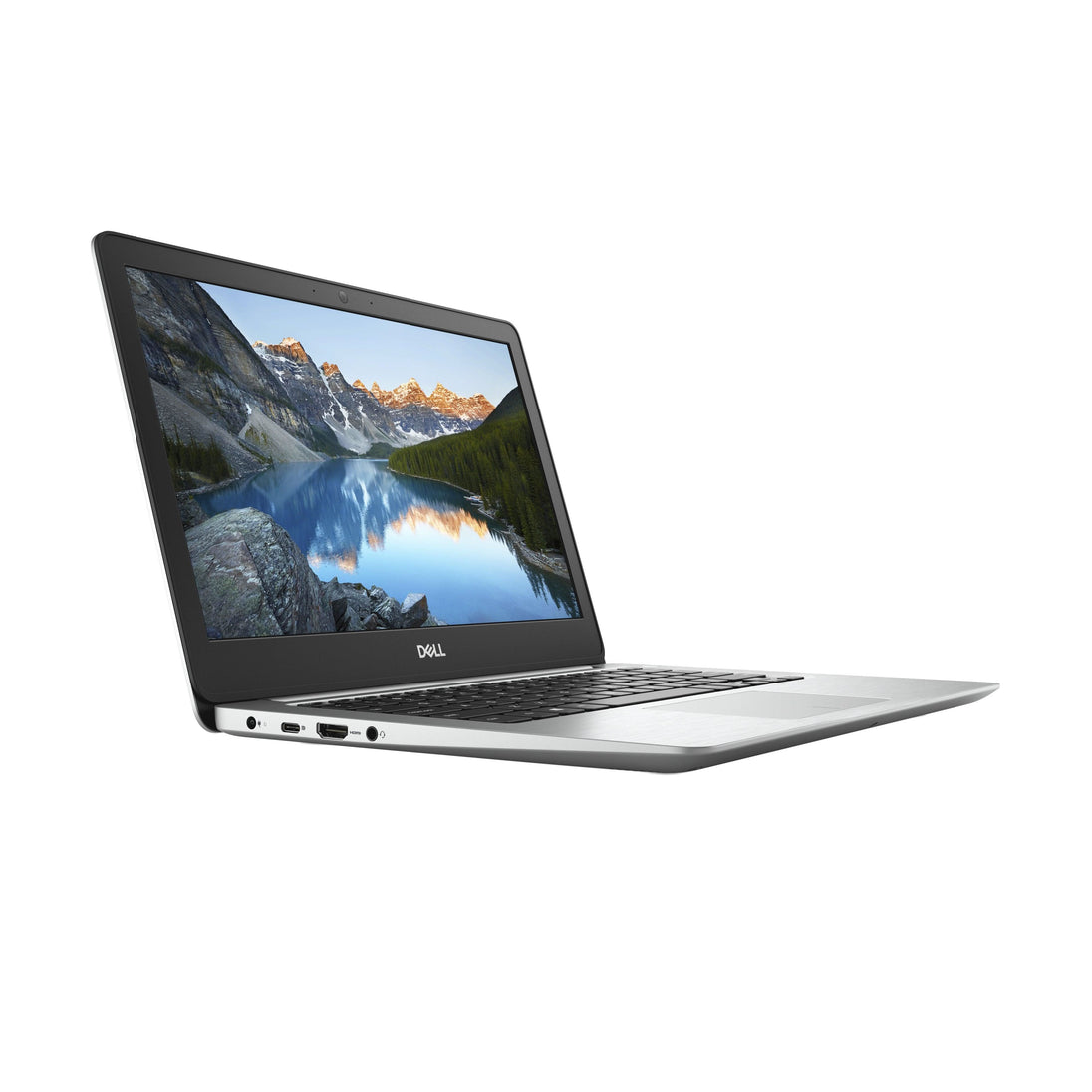 Dell silver laptop with open screen displaying scenic mountains and lake, refurbished tech