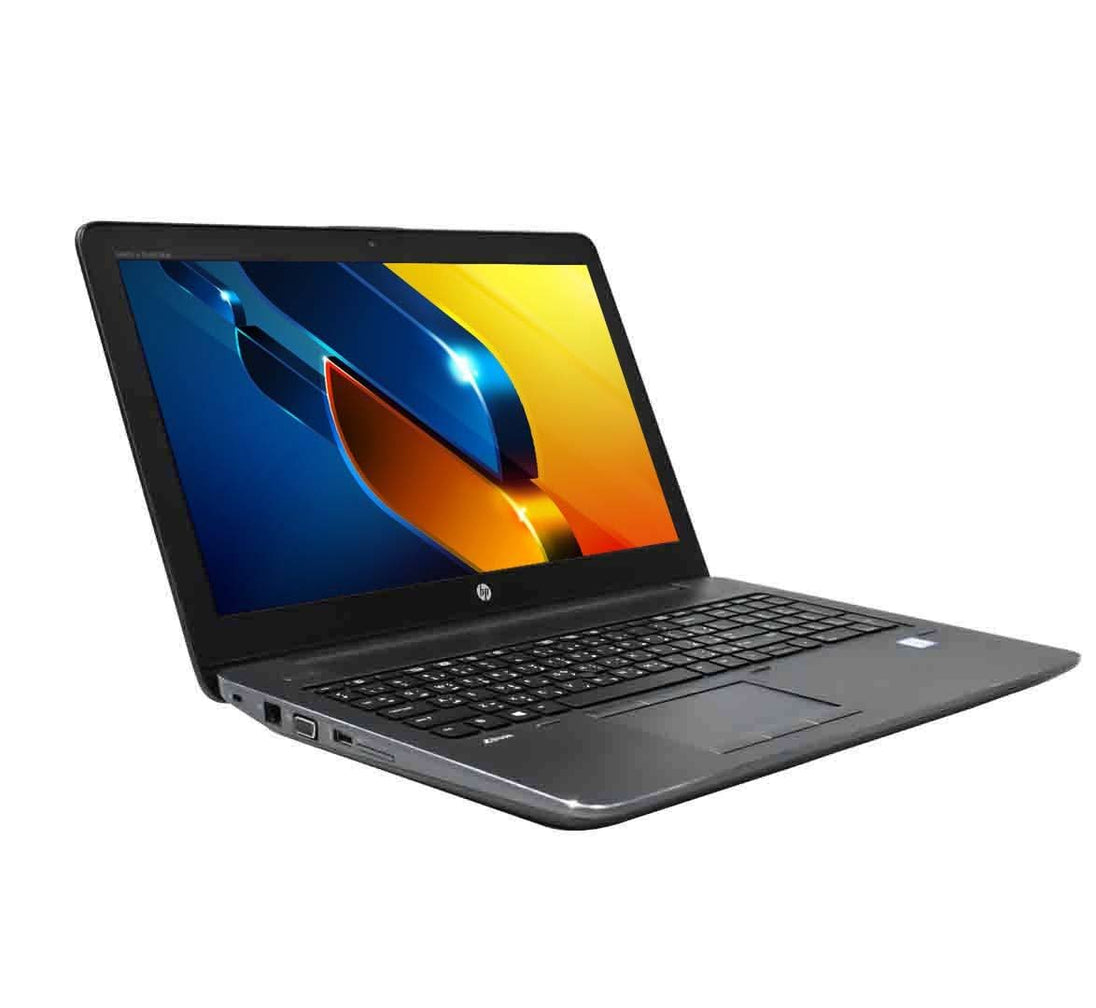 Refurbished HP laptop with black keyboard and vibrant screen on white background