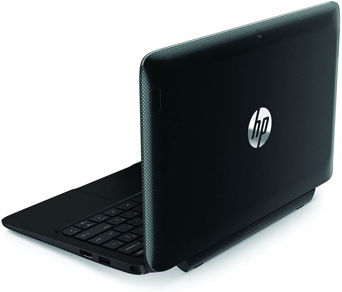 Refurbished HP laptop with textured black finish, open on a desk, angled rear view