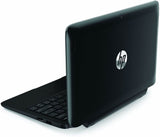 Refurbished HP laptop with textured black finish, open on a desk, angled rear view