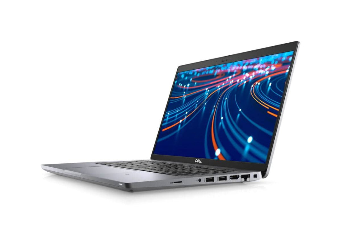 Side view of a Dell laptop with a colorful abstract display, silver chassis, and multiple ports