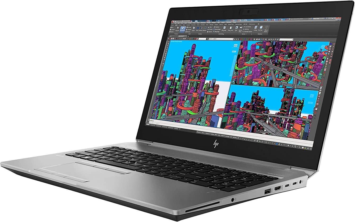 Professional HP laptop with CAD software open, showing colorful 3D models on the screen