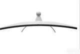 Curved widescreen computer monitor rear view with white stand and minimal design