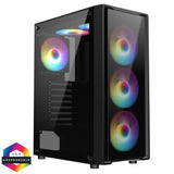 Black PC tower case with transparent side panel and four RGB fans, desktop computer