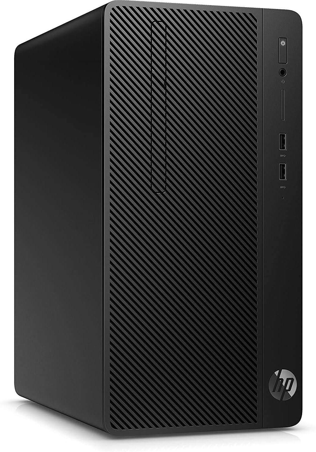 Black HP desktop tower PC with front USB ports and textured diagonal grill design