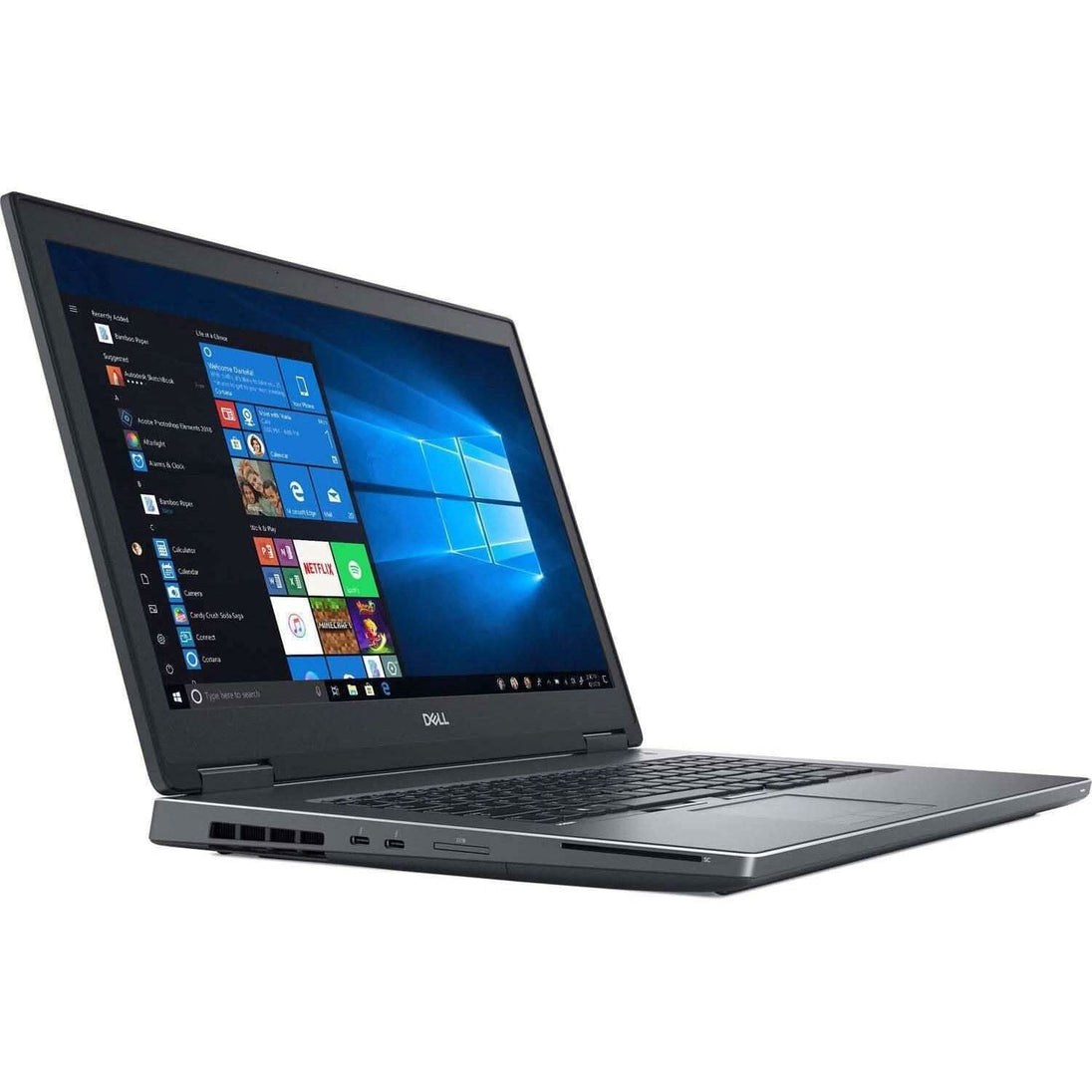 Refurbished Dell laptop with Windows 10, slim black design, open on white background