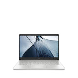 Silver HP laptop with open screen displaying architectural building, front-facing view.