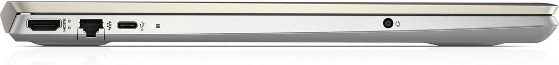 Side view of slim laptop showing HDMI, Ethernet, USB-C, and power ports