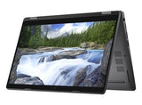 Convertible touchscreen laptop in tent mode displaying a forest and waterfall scene