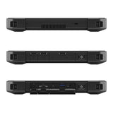 Three views of a rugged laptop's side ports and power button, showing durable design.
