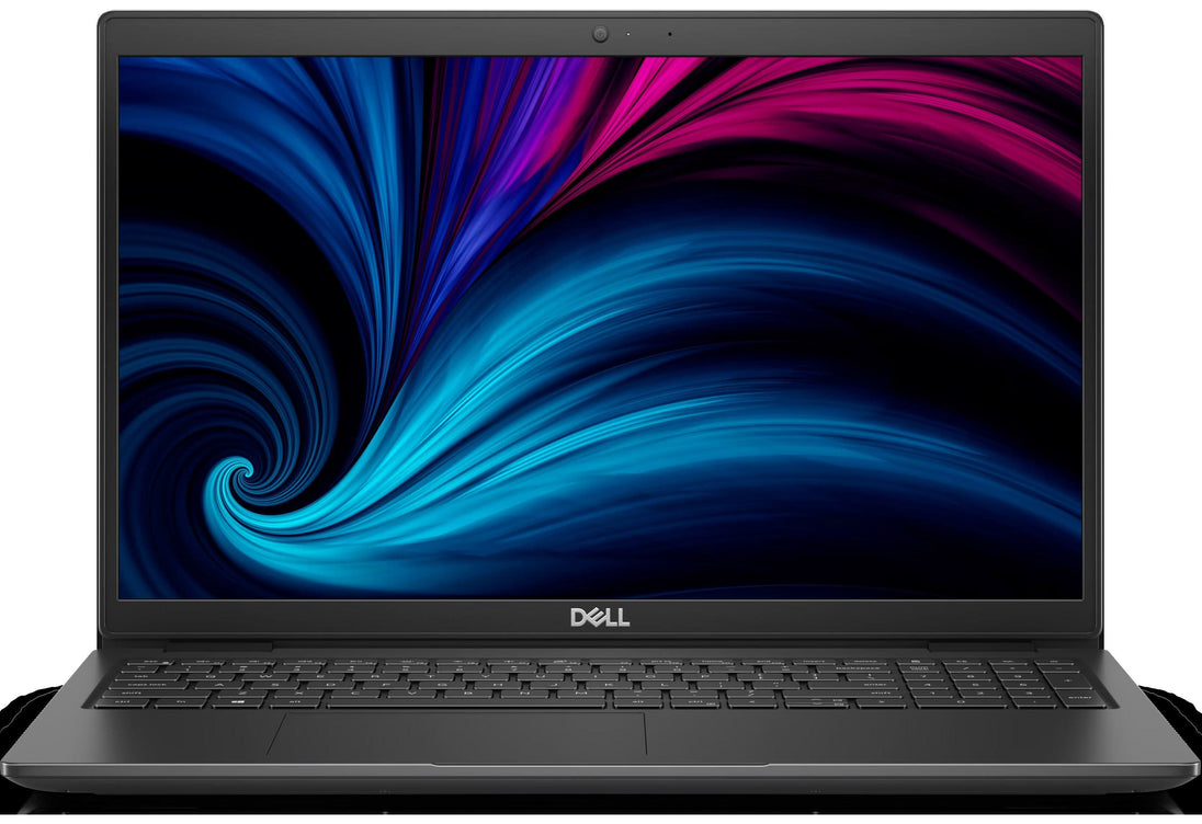 Front view of a Dell laptop with dark keyboard and colorful abstract display screen