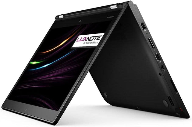 Touchscreen convertible laptop in tent mode, showing multiple ports and bright display