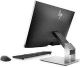 Rear view of a HP all-in-one desktop computer with keyboard and mouse on white background