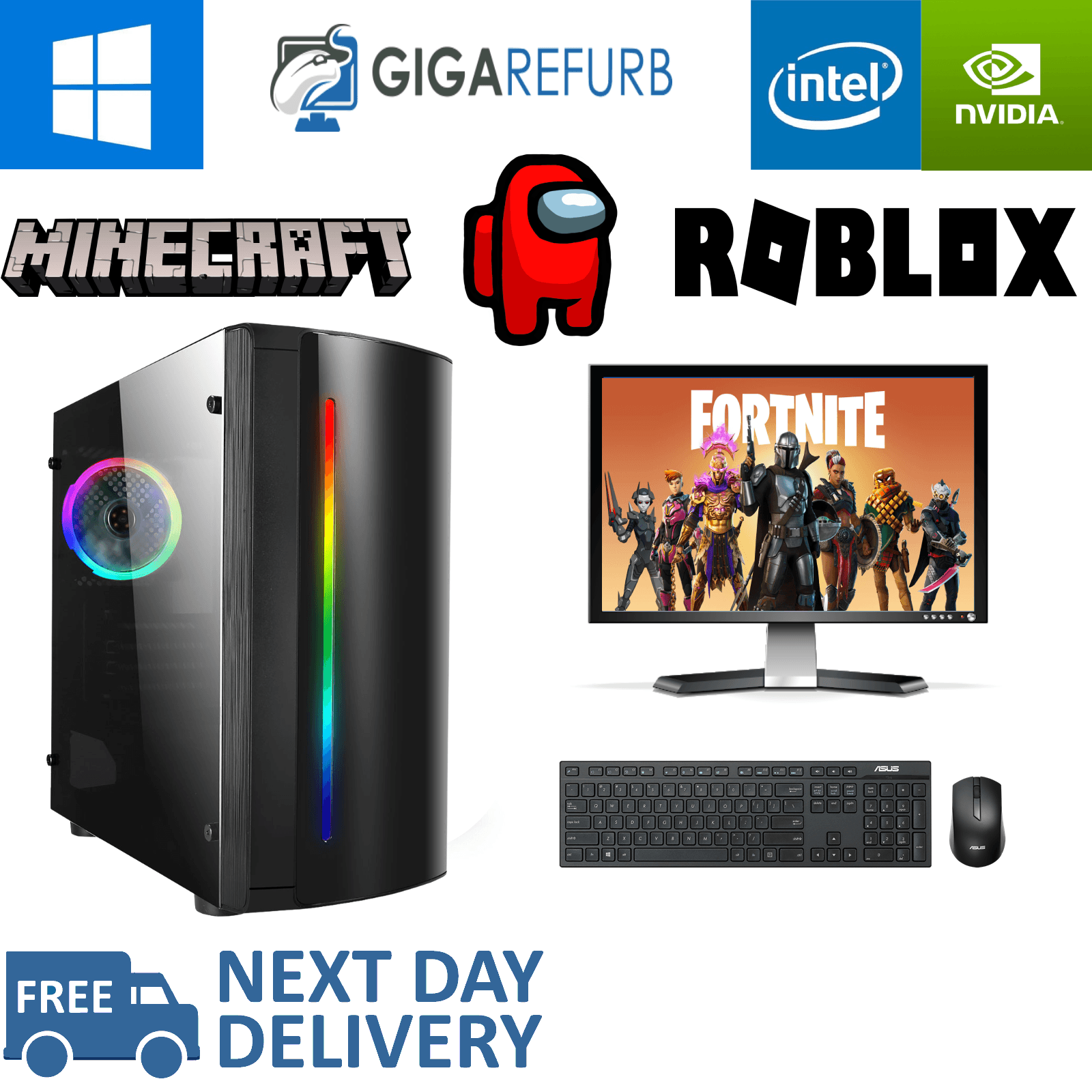 Refurbished gaming PC with RGB lights, monitor displaying Fortnite, keyboard, mouse, and logos for Minecraft, Roblox, Among Us, Windows, Intel, Nvidia, and free next day delivery.