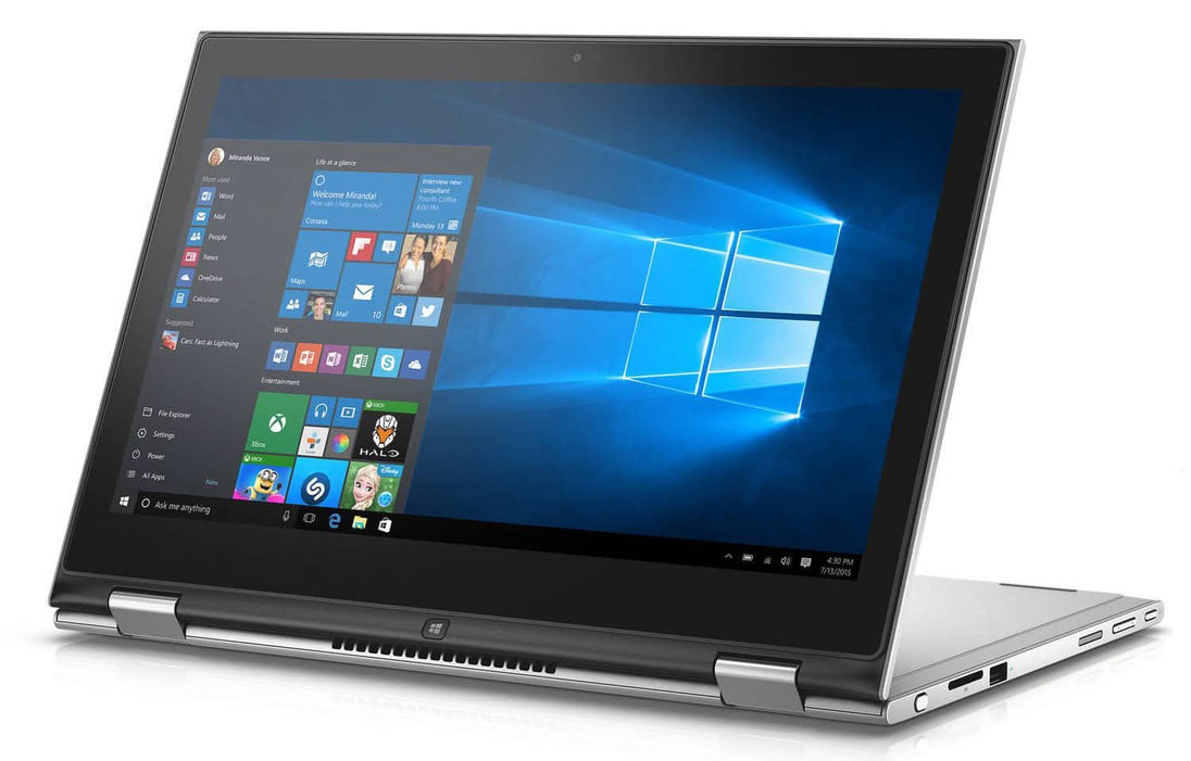 Refurbished convertible laptop in tent mode running Windows 10 with touchscreen display