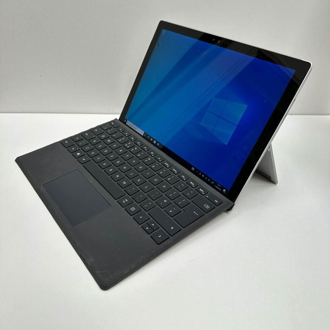 Refurbished Microsoft Surface tablet with keyboard, Windows 10 screen, kickstand open