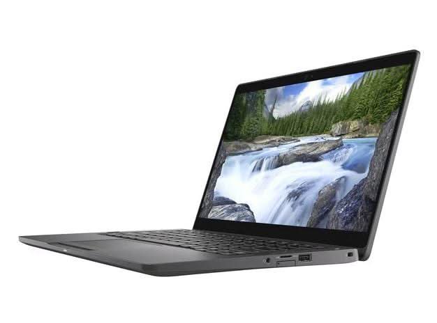 Refurbished laptop with open screen displaying a forest waterfall, angled left side view