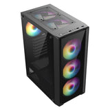 Black PC case with tempered glass panel and RGB cooling fans, refurbished desktop shell
