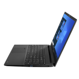 Refurbished black laptop with Windows 10 display, open at side angle on white background